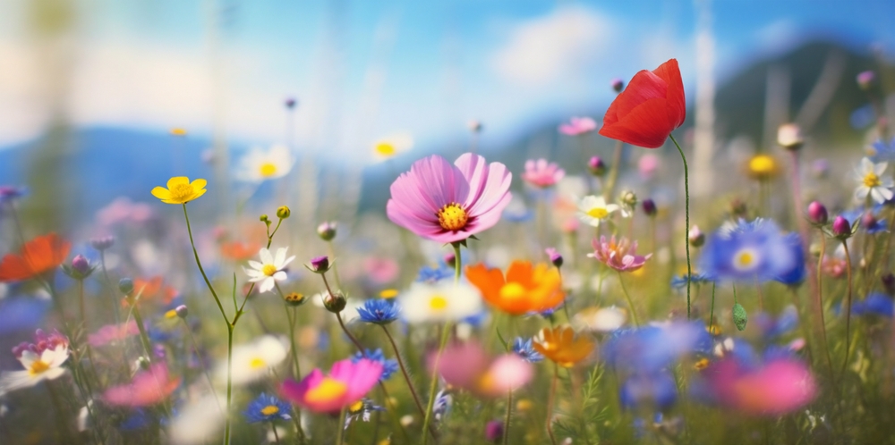 Wild,Flowers,In,A,Sunny,Spring,Day multiple variations and colors of wildflowers in a field